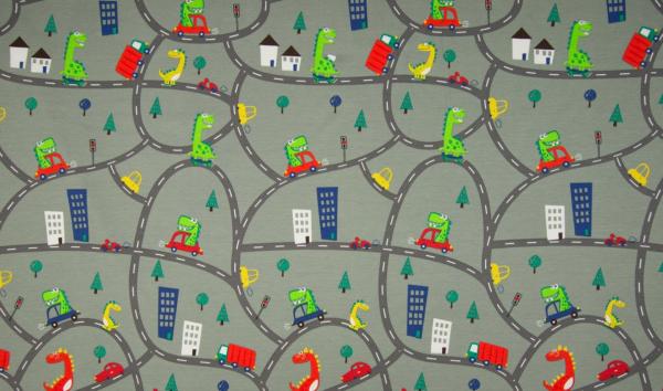 Baumwoll Jersey Dinos im Straßenverkehr auf Graubraun
